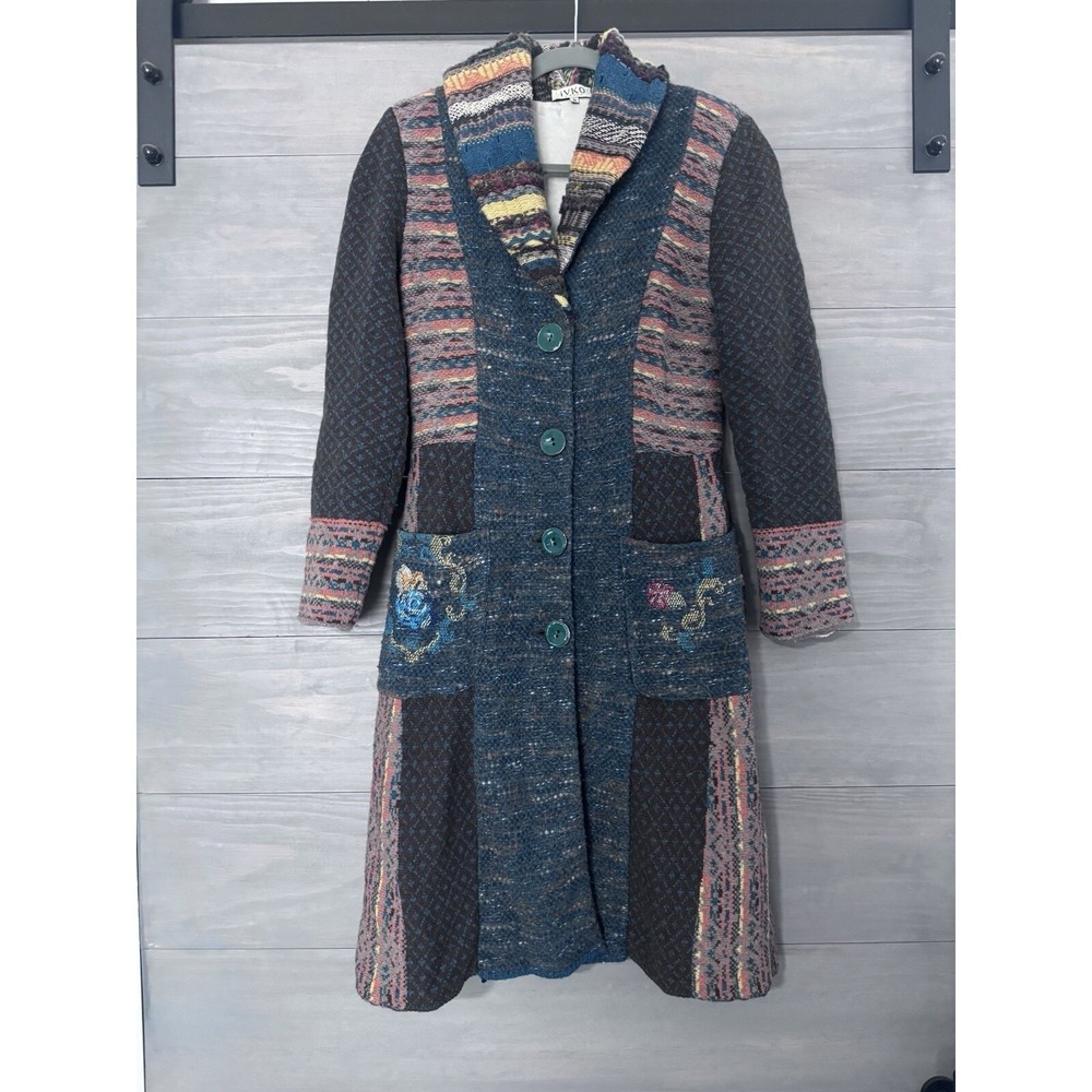 IVKO Y2K Boho Wool Blend Knit Long Coat Floral Embroidered 32703 Sz‎ 36 Coatigan